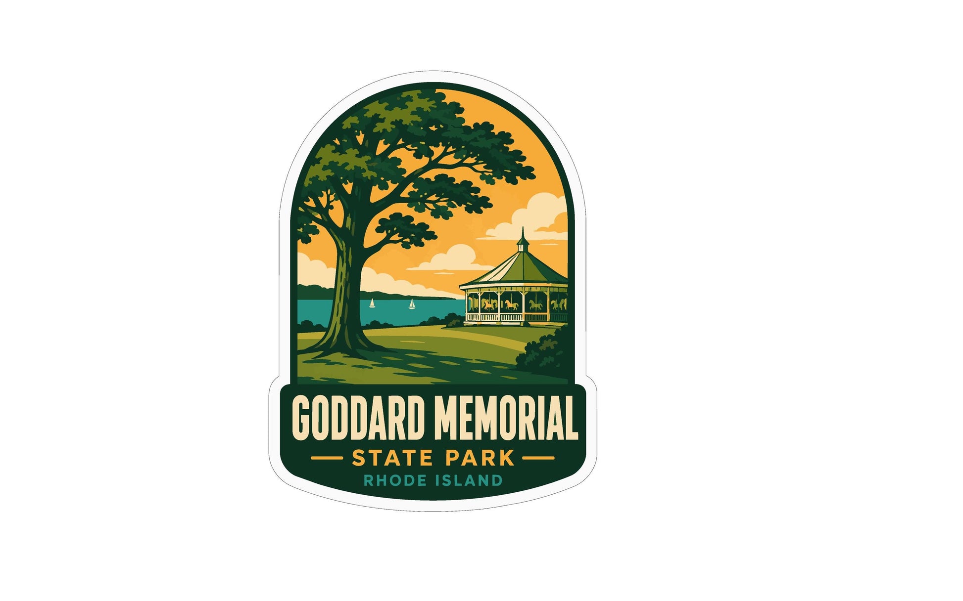 A sticker or emblem featuring a tree, a gazebo, and a body of water, with the text "Goddard Memorial State Park Rhode Island" prominently displayed.