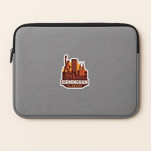 a gray laptop sleeve with a sticker of Birmingham, Alabama, printed on it.