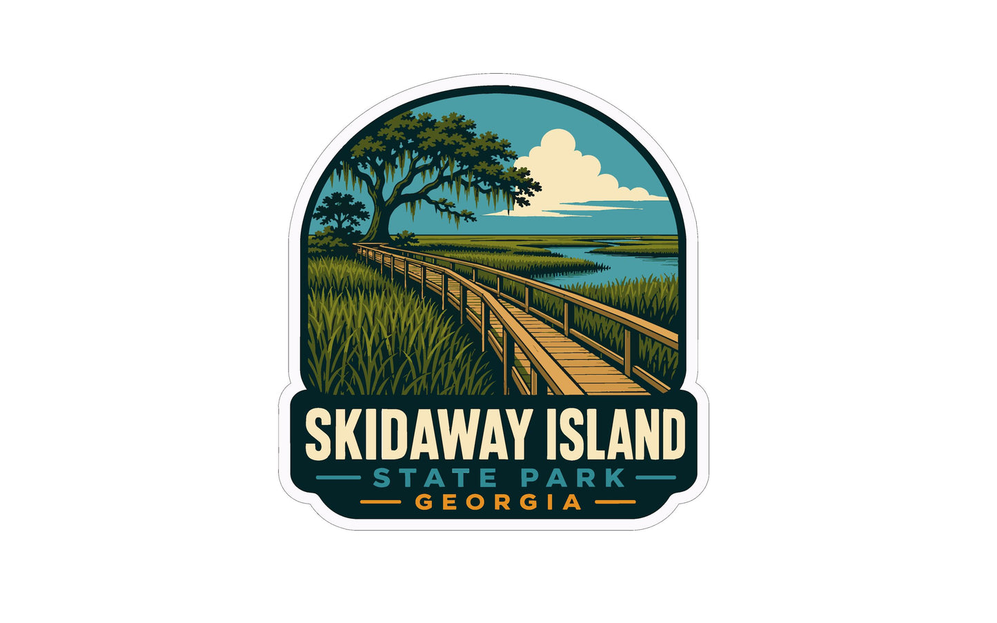 A sticker depicting a scenic view of Skidaway Island, Georgia, with a wooden boardwalk leading through a lush, grassy landscape and a body of water in the background.