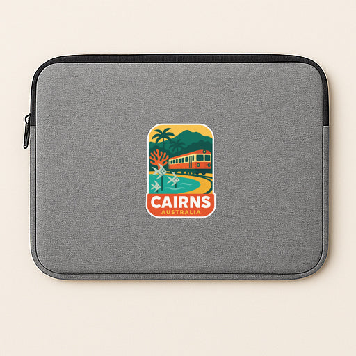 A gray laptop sleeve with a colorful logo of Cairns, Australia, featuring a train and palm trees.