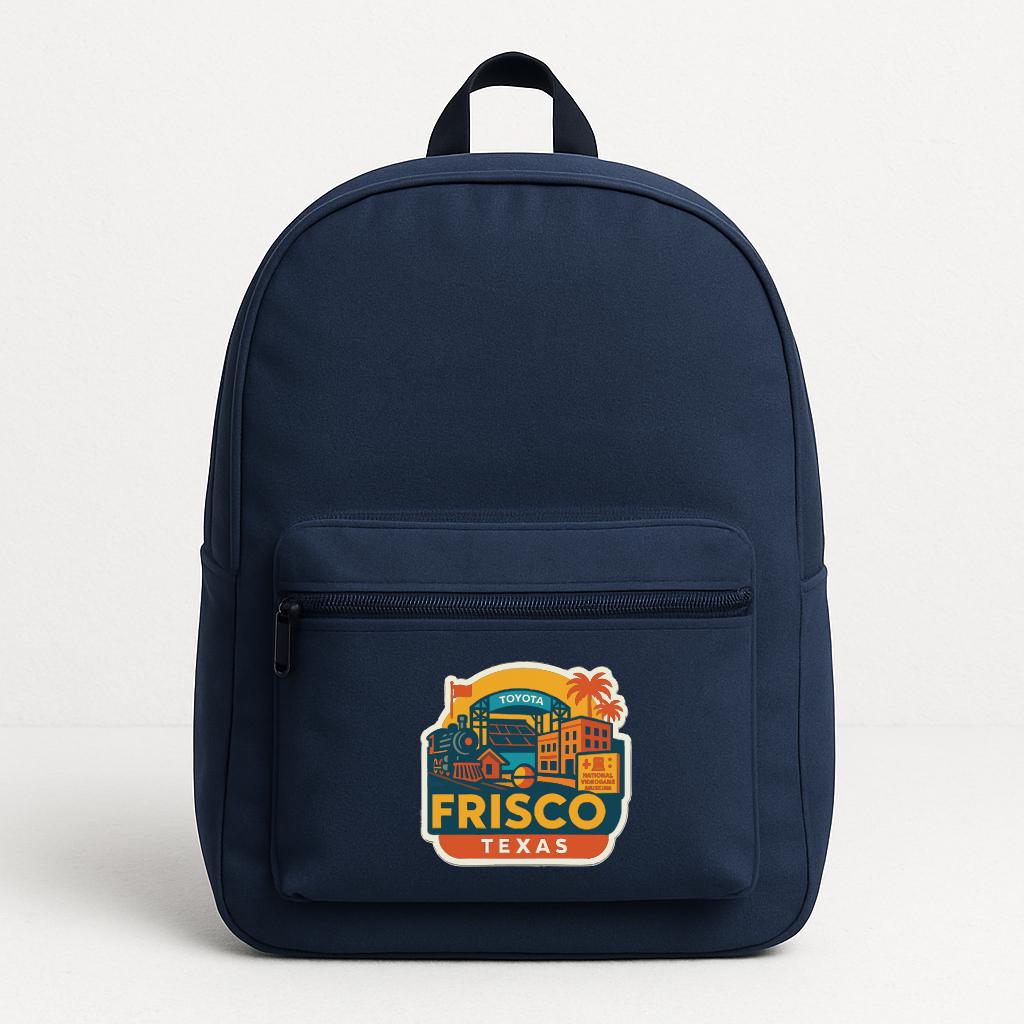 A navy blue backpack with a graphic of a city and the text "FRISCO TEXAS" printed on it.