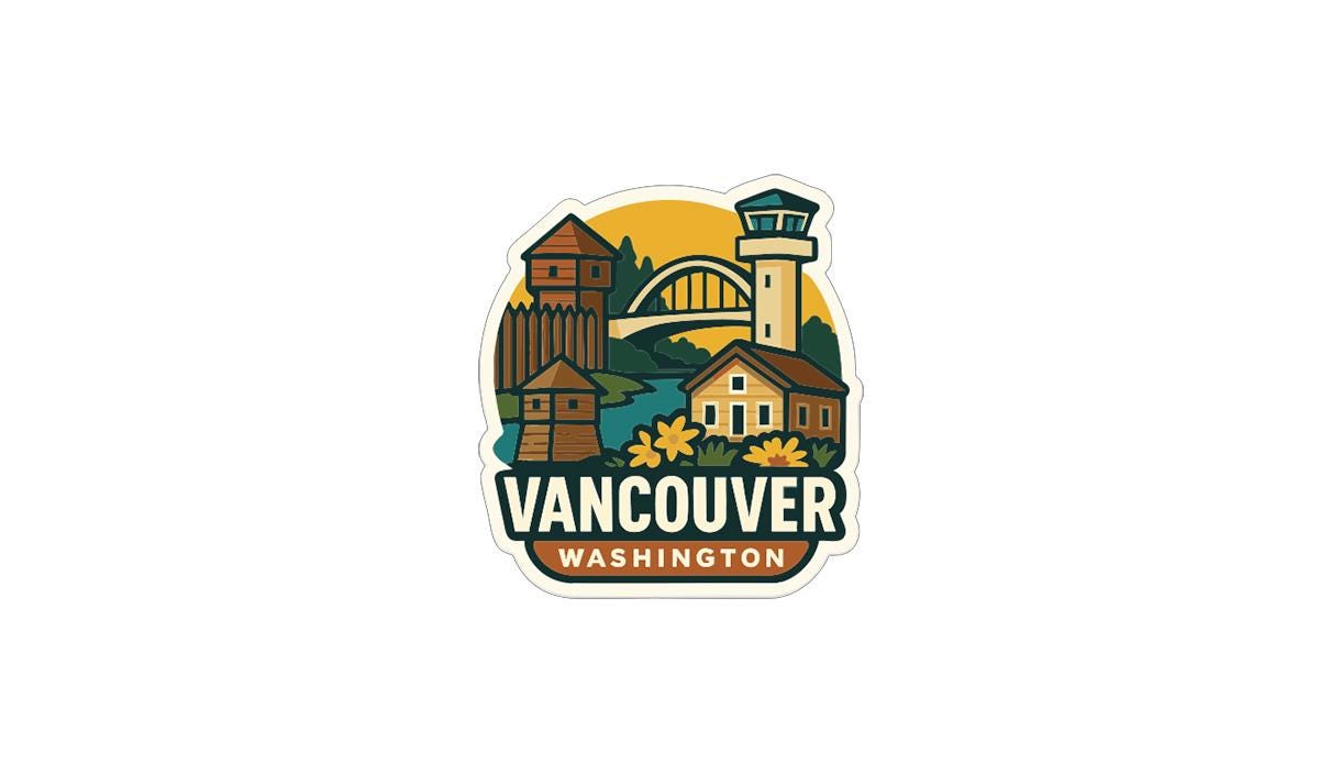 a sticker or logo depicting various landmarks and buildings associated with Vancouver, Washington.