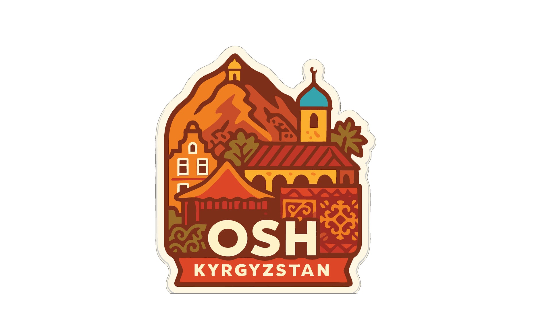 The image is a sticker or emblem featuring a stylized illustration of a cityscape with a mountain in the background.