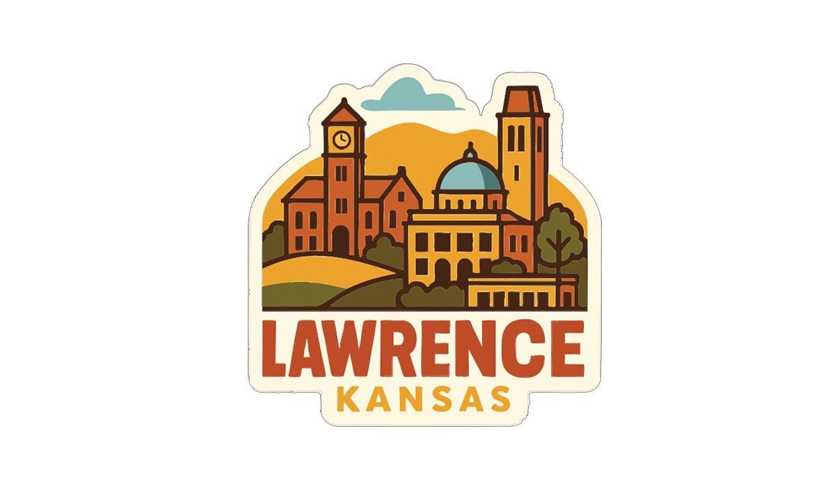 A sticker or logo depicting the city of Lawrence, Kansas, with a clock tower, buildings, and a hill in the background.