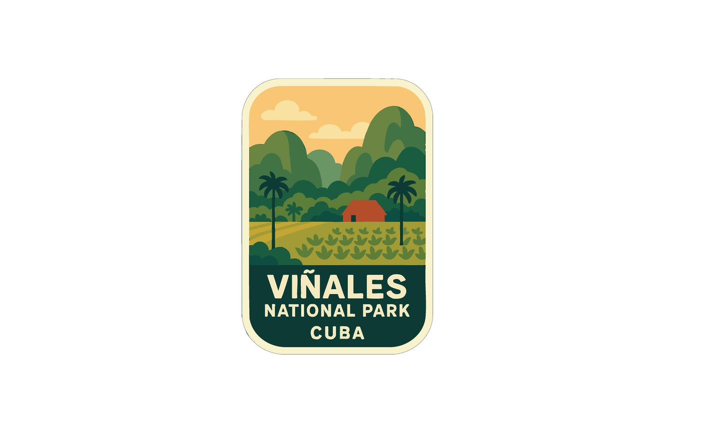 a sticker or label with a tropical landscape and a small building, representing the Vinales National Park in Cuba.