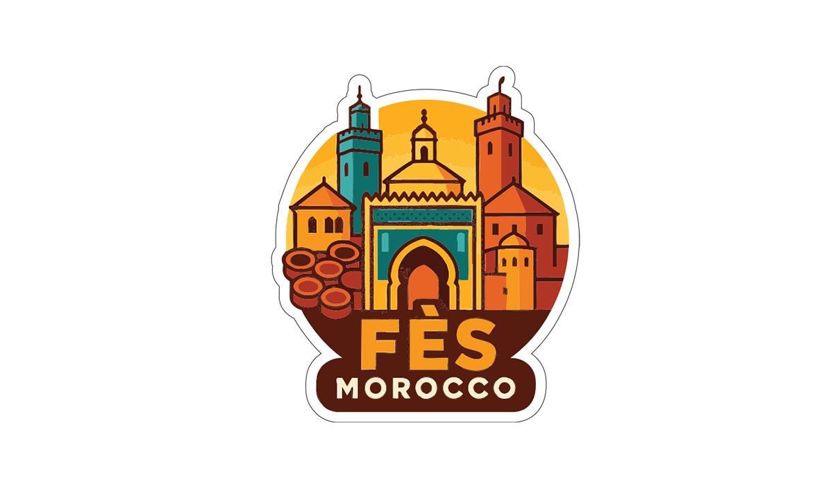 a sticker or logo with a stylized illustration of a city skyline, including buildings and towers, with the text "FES MOROCCO" prominently displayed.