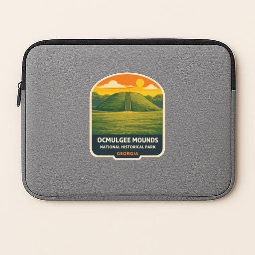 A gray laptop sleeve with a graphic design depicting the Ocmulgee Mounds National Historical Park in Georgia.