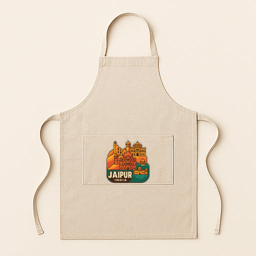 A beige apricot with a graphic of a city skyline on it, featuring the text "Jaipur" prominently displayed.