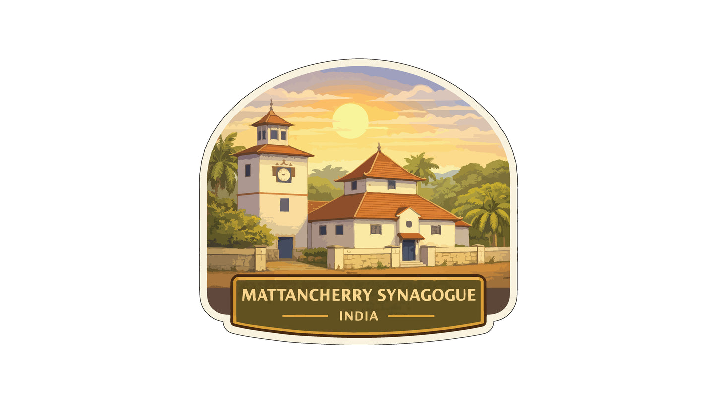 a clock tower and a building with a red roof, set against a backdrop of a sunset and palm trees, with the text "MATANCHERRY SYNAGOGUE INDIA" below.