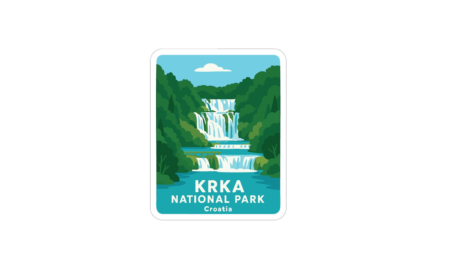 A sticker depicting the Kraljevo National Park in Croatia, featuring a waterfall surrounded by lush greenery.