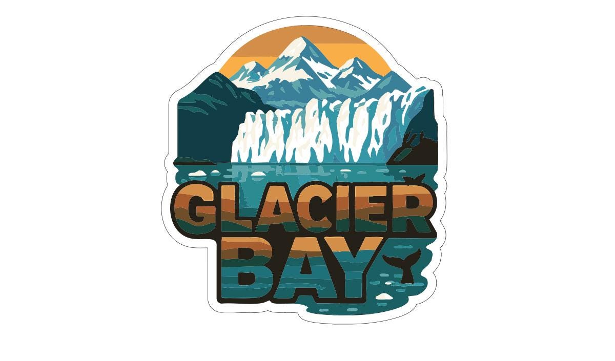 A sticker or graphic depicting a scenic landscape with mountains, a waterfall, and a body of water, with the text "GLACIER BAY" prominently displayed.