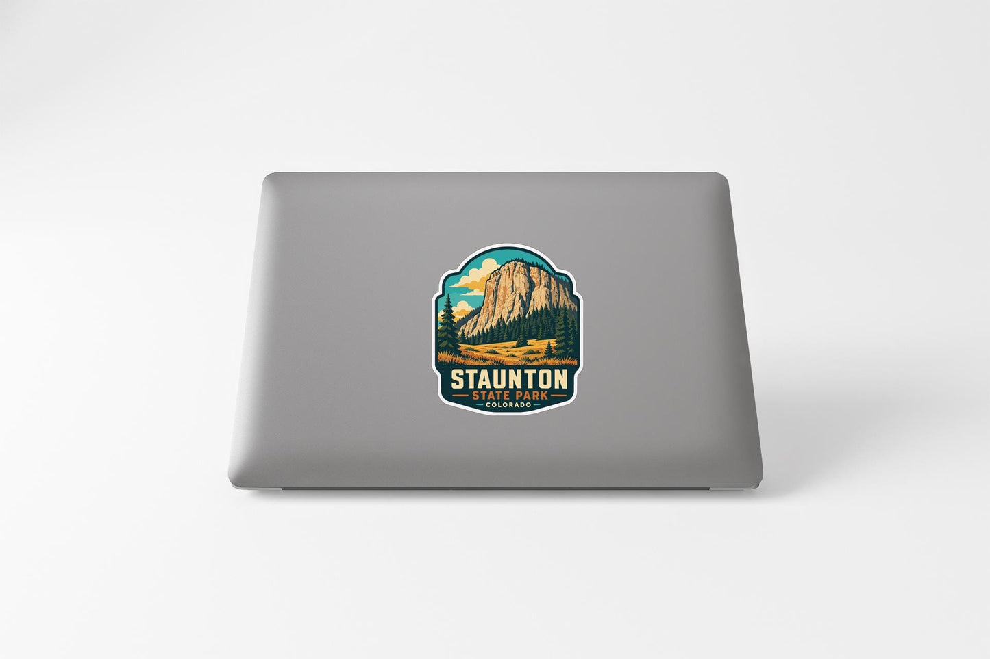 a sticker or decal of Staunton State Park on the back of a laptop computer.