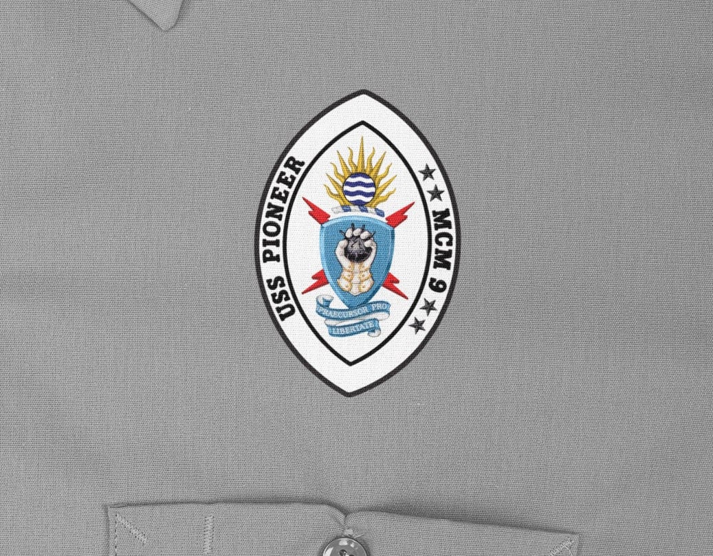 USS Pioneer MCM-9 Badge Iron On Heat Transfer Vinyl HTV Avenger Class Mine Countermeasures Ship