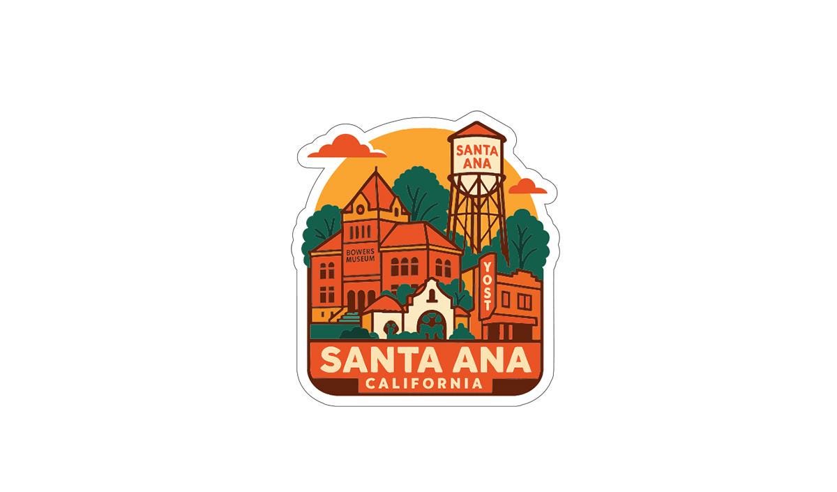 A sticker depicting the Santa Ana neighborhood in California, with a water tower, buildings, and a sign that reads "Santa Ana".