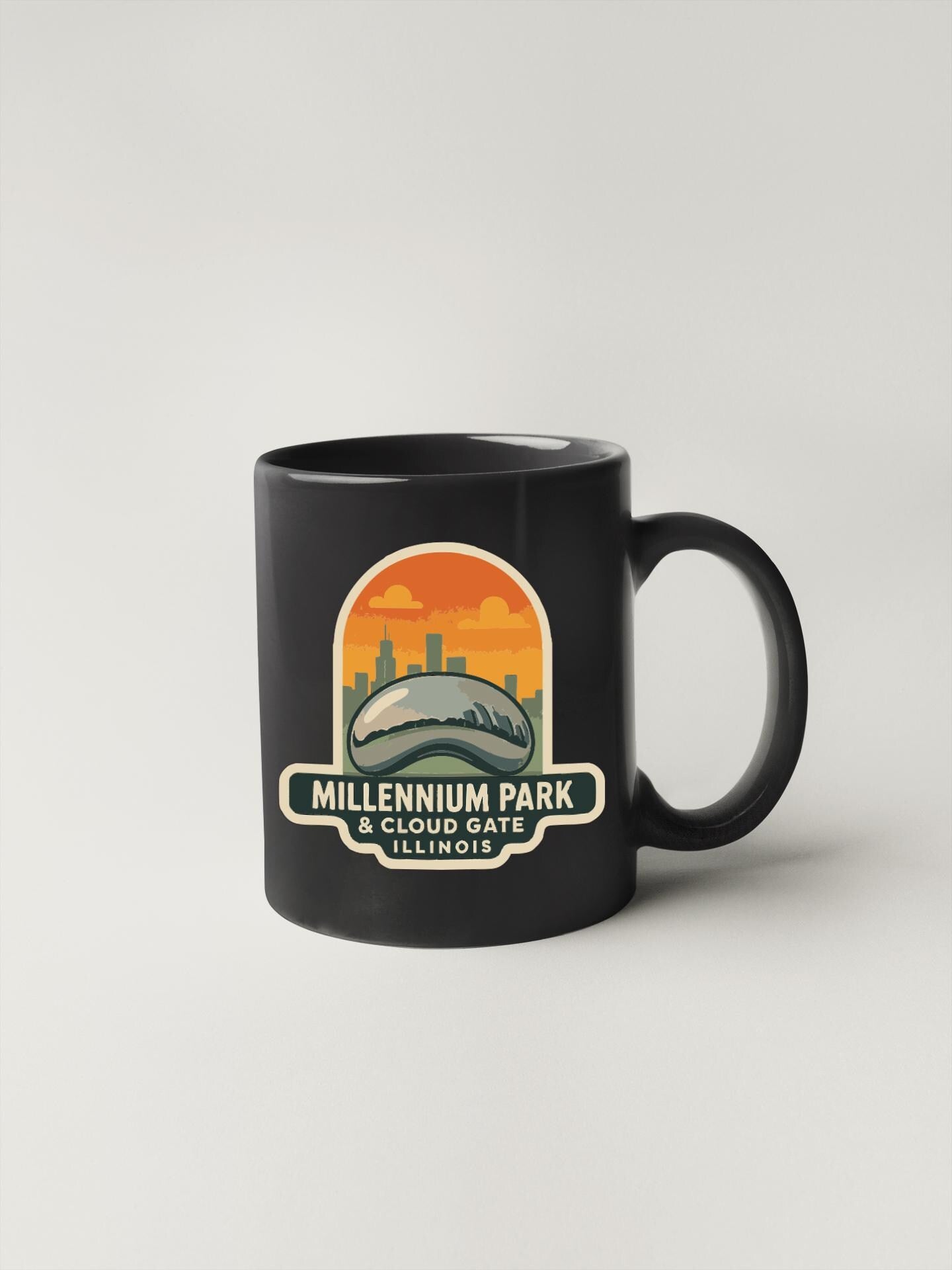 A black coffee mug with a graphic design featuring the Millennium Park and Cloud Gate in Chicago, Illinois.