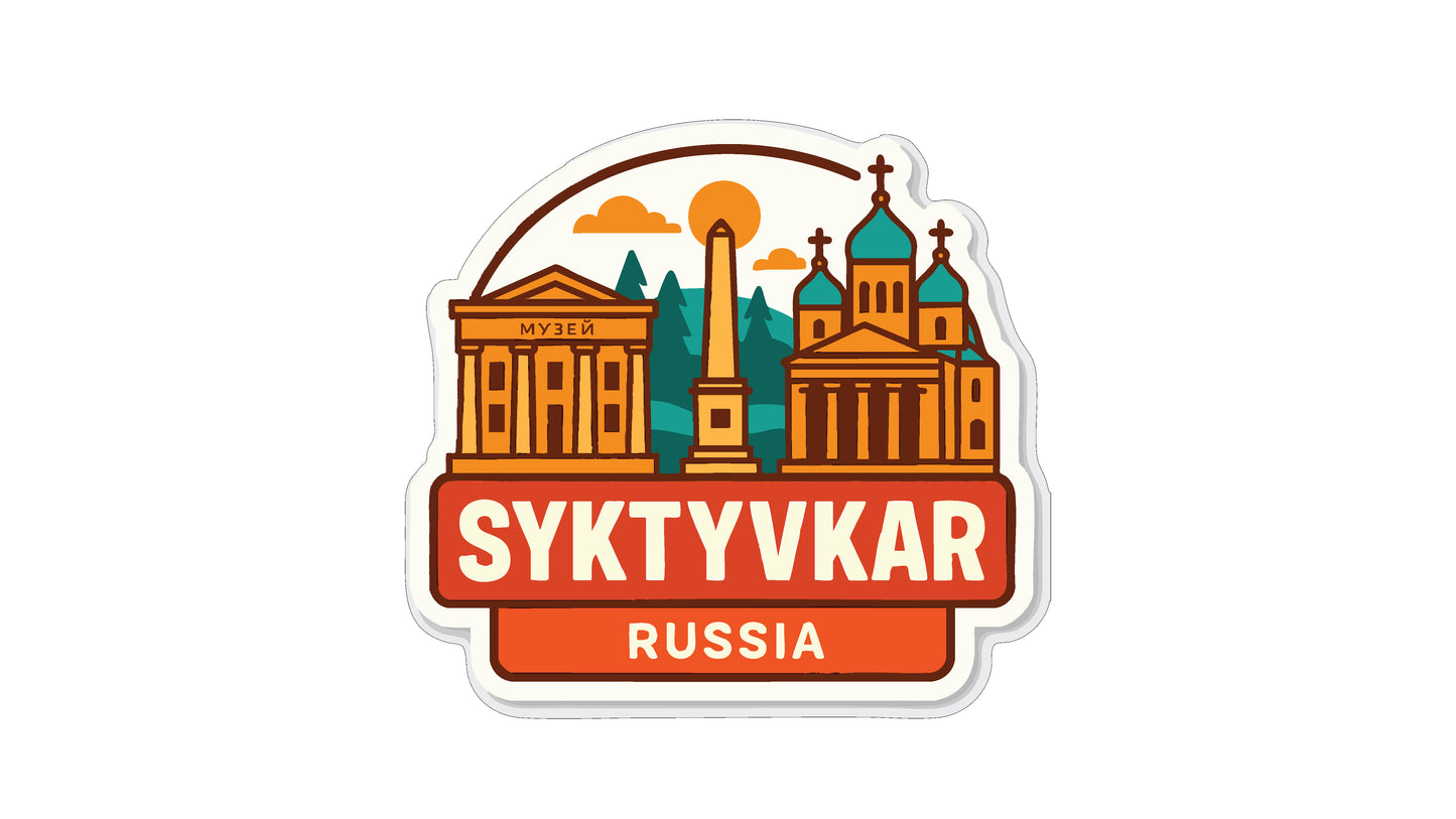 a sticker or emblem with a stylized illustration of a city skyline, including a church, a monument, and other architectural elements. The text "SYKYVKAR RUSSIA" is prominently displayed in the center of the image.