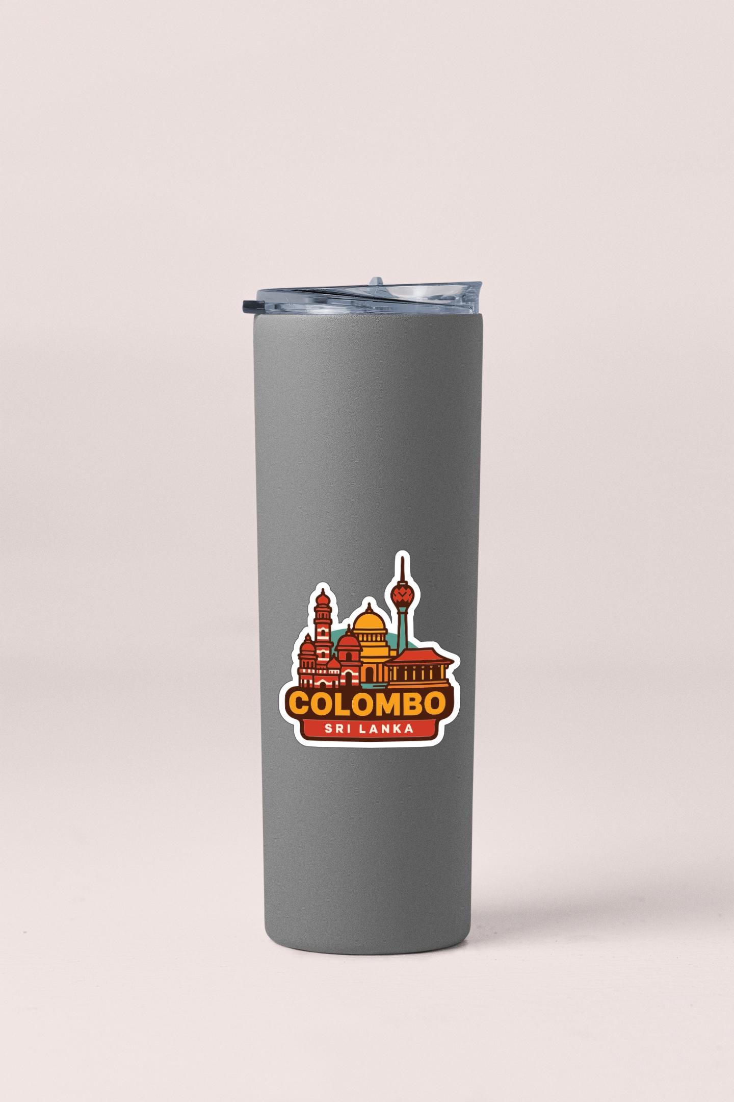 A gray insulated tumbler with a printed logo of Colombo, Sri Lanka.