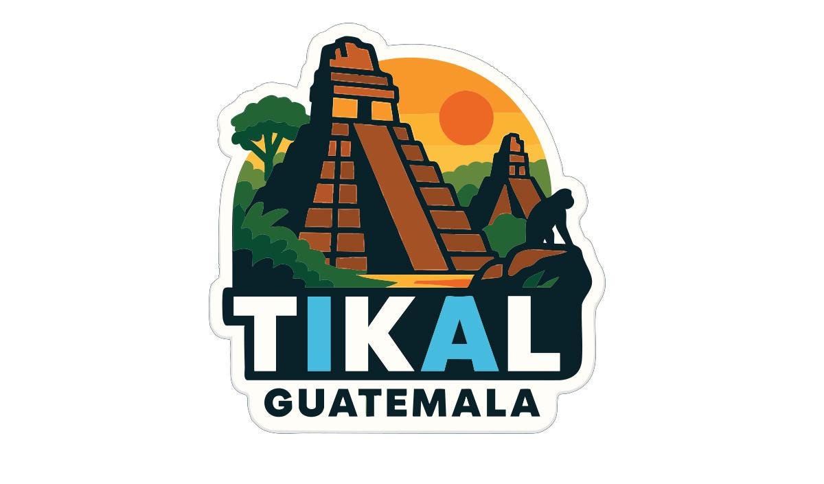 A sticker or logo depicting the Mayan ruins of Tikal in Guatemala, with a sunset in the background.