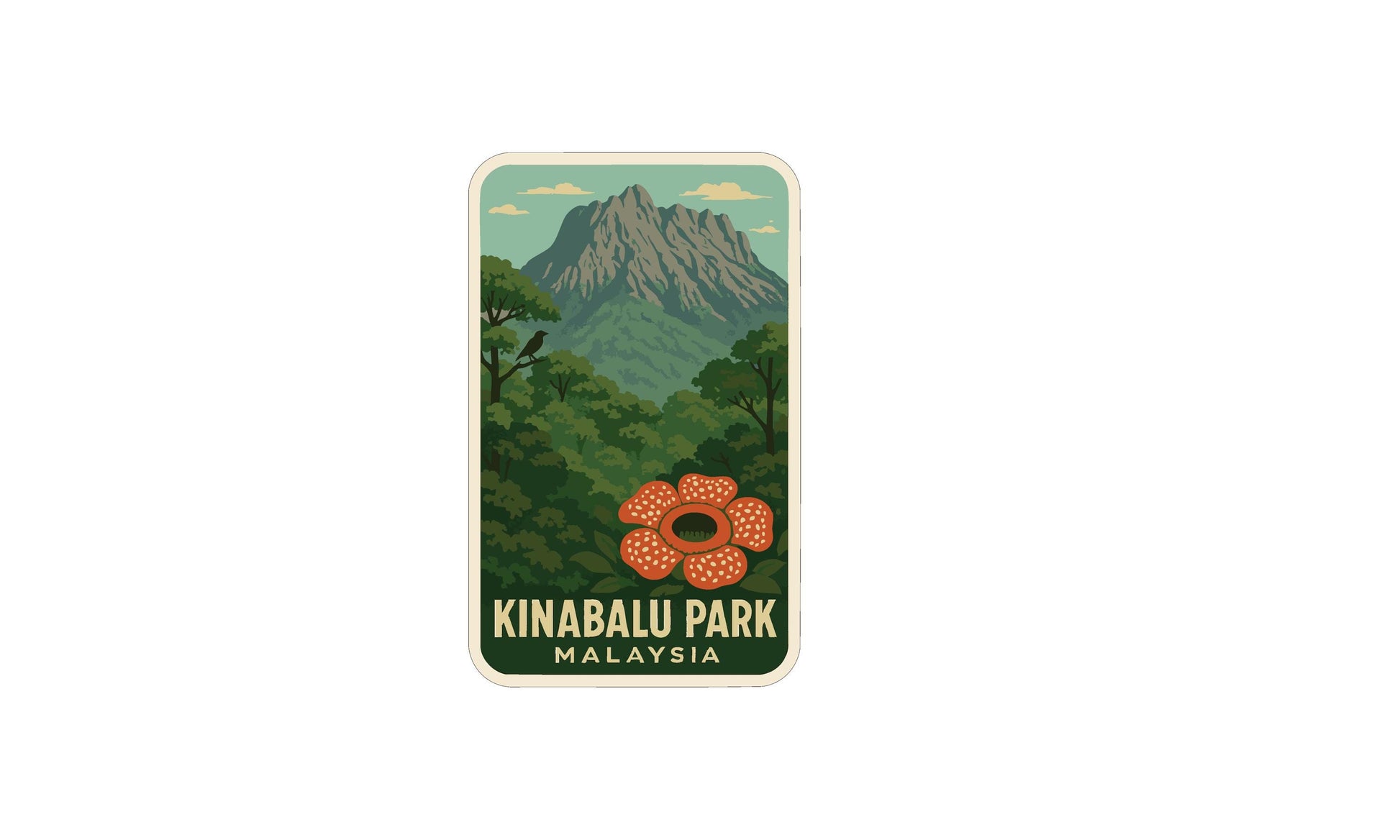 A sticker or label depicting a mountainous landscape with a flower in the foreground, surrounded by lush greenery. The text "KINABALU PARK MALAYSIA" is prominently displayed, indicating the location of the landmark.