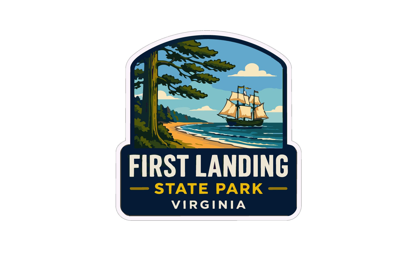 a sticker or logo for First Landing State Park in Virginia. It depicts a sailboat on the water, with a beach and trees in the background.