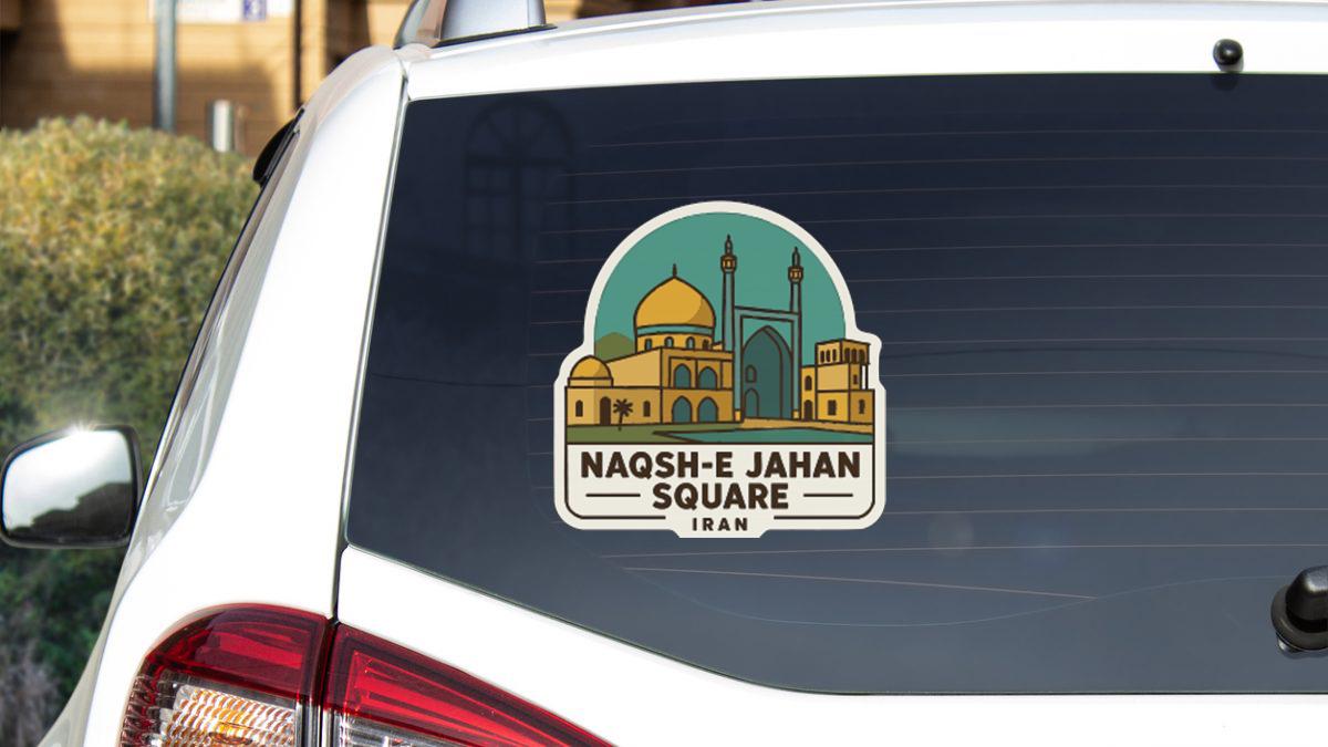A sticker on the rear window of a car, depicting the Naqsh-e Jahan Square in Iran.