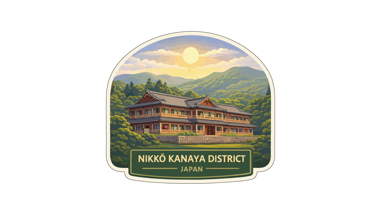 a traditional Japanese house surrounded by lush greenery, with mountains in the background and a bright sun shining through the trees.