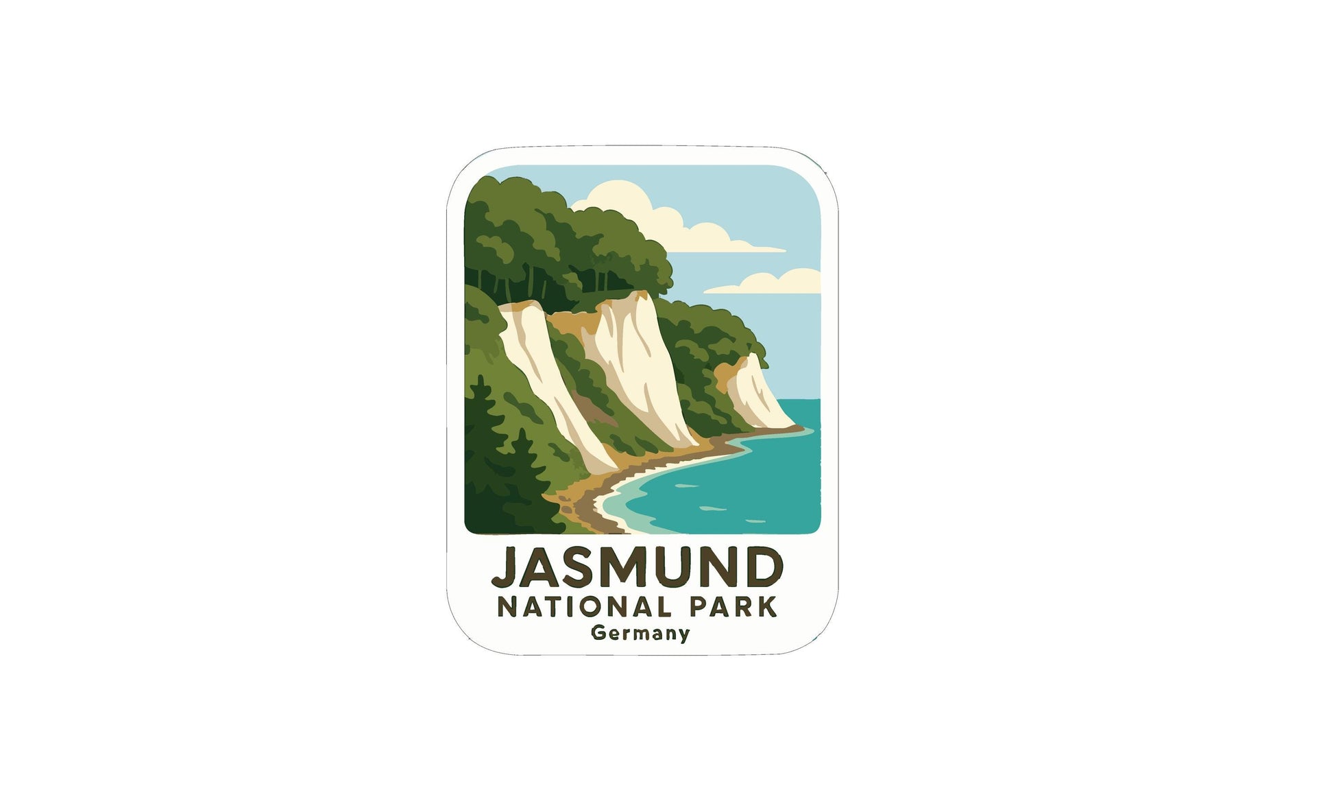 a sticker or logo for the Jasmund National Park in Germany. The sticker depicts a scenic coastal landscape with cliffs overlooking the ocean, showcasing the natural beauty of the park.