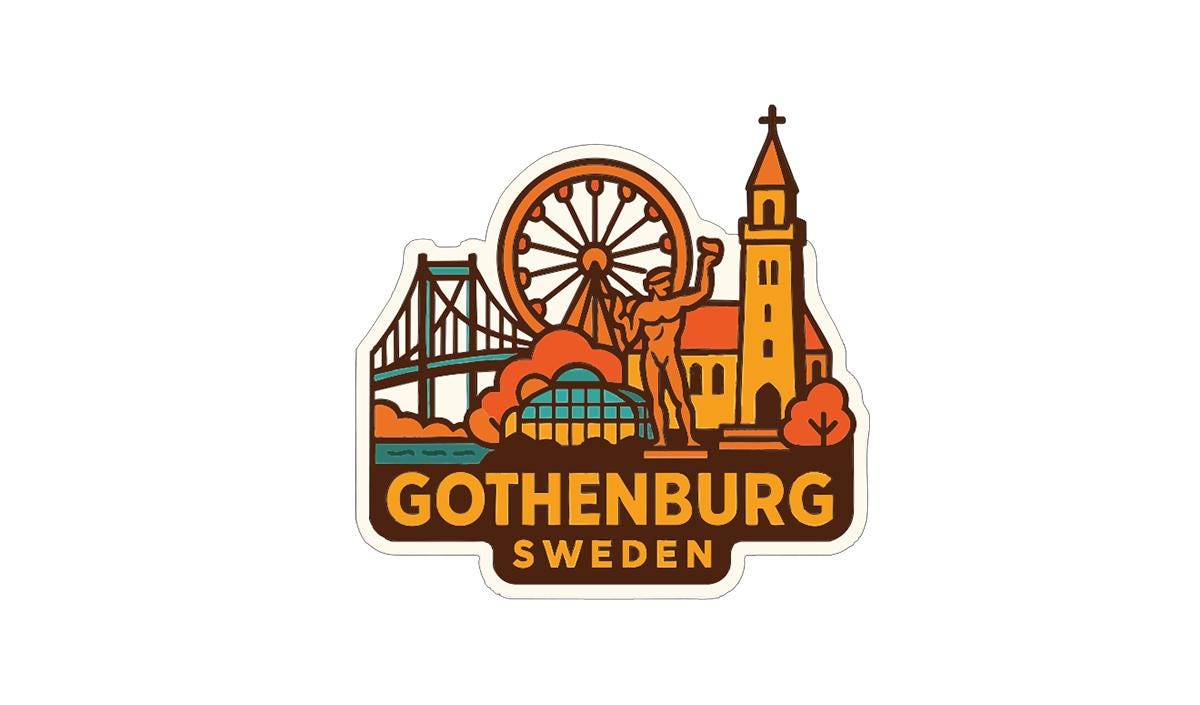 A sticker or emblem featuring the city of Gothenburg, Sweden, with various landmarks and symbols such as a ferris wheel, a church, and a bridge.
