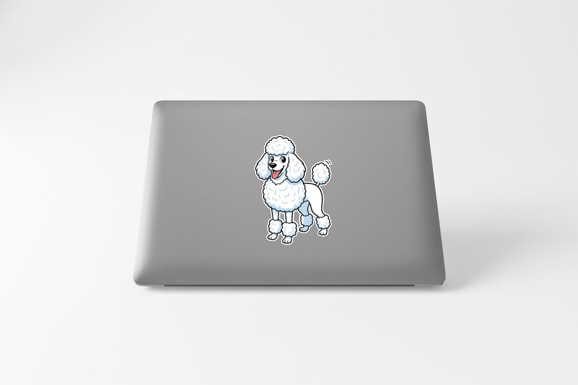a laptop with a sticker of a poodle on its cover.