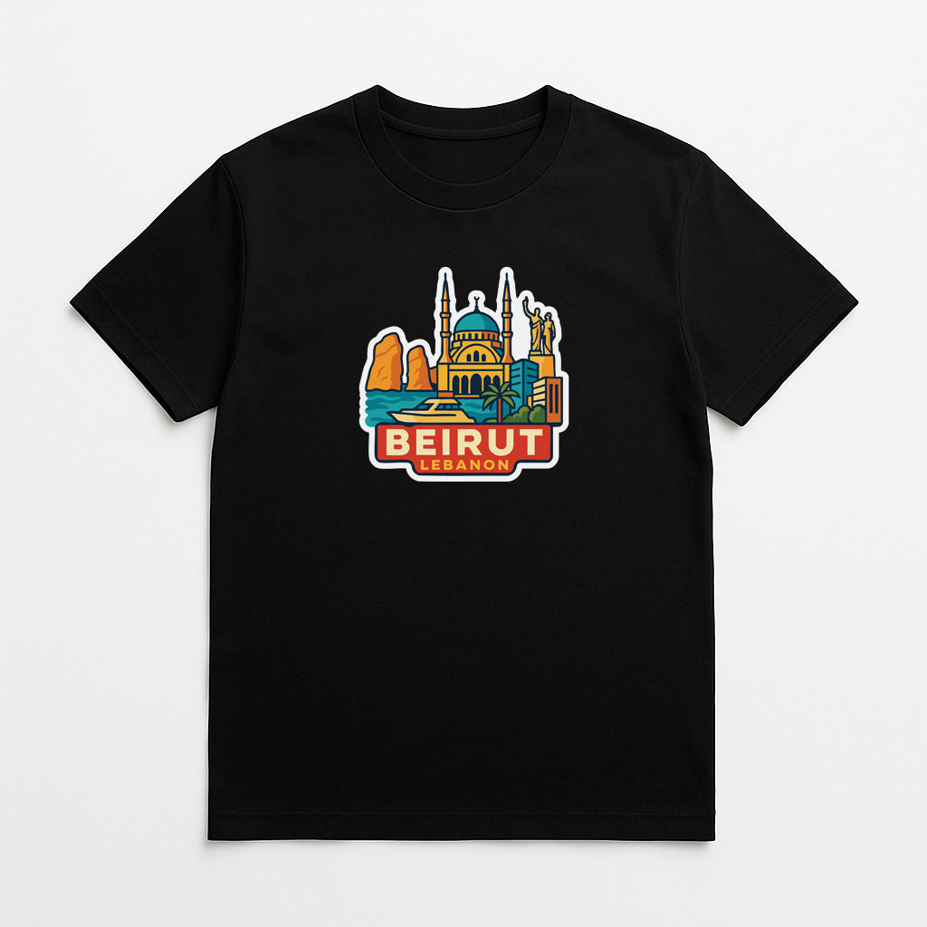A black t-shirt with a colorful graphic depicting the city of Beirut, Lebanon.