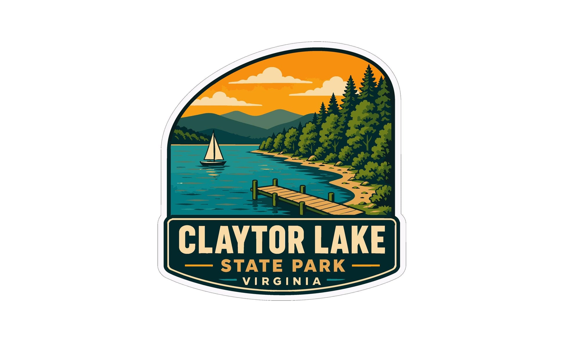 A sticker or logo depicting a scenic view of Claytor Lake, with a sailboat on the lake, a dock, and a forested shoreline in the background.