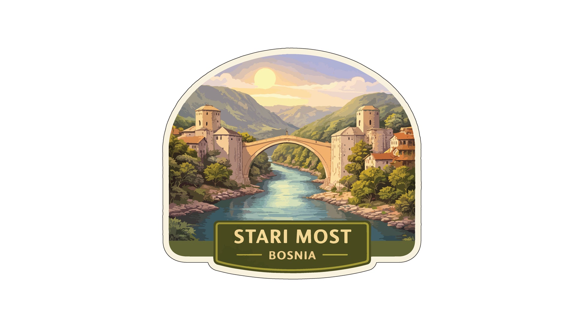 a scenic view of the Stari Most bridge in Bosnia, with the bridge arching over a river surrounded by lush greenery and mountains.