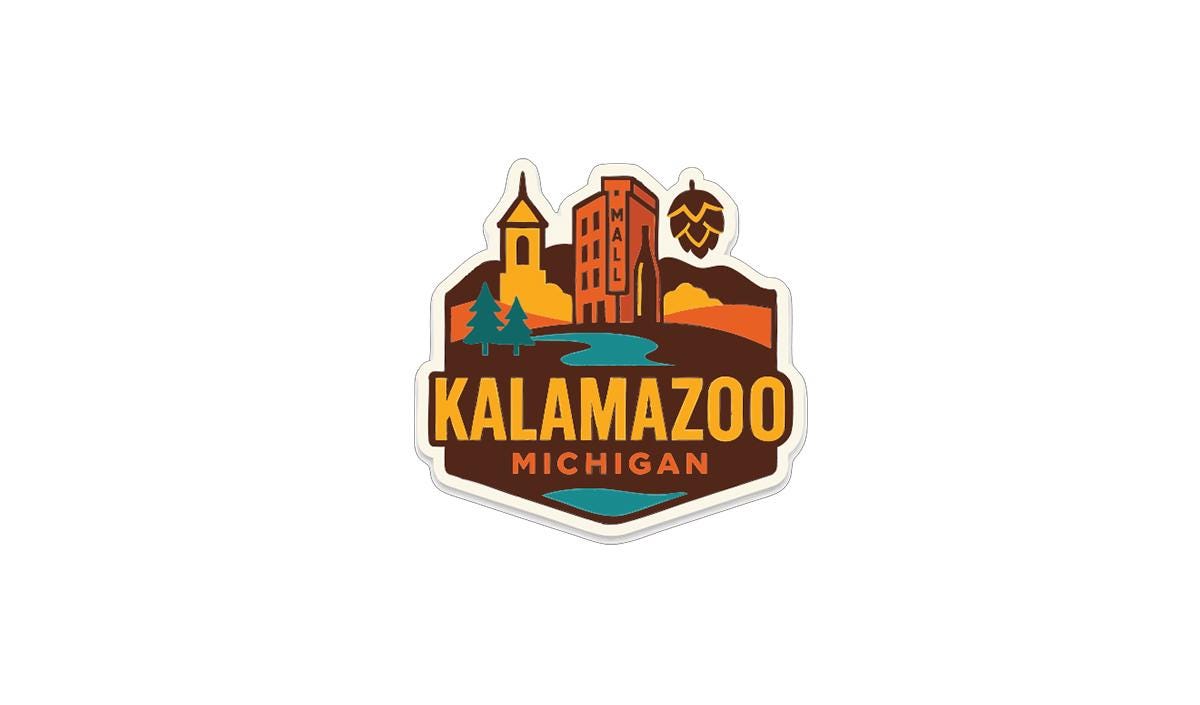 A colorful logo depicting a cityscape with a tall building, a river, and mountains, along with the text "KALAMAZOO MICHIGAN".