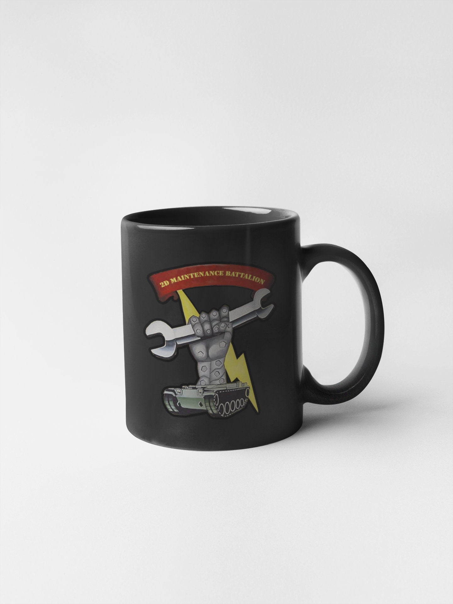 a black mug with a picture of a man holding a wrench