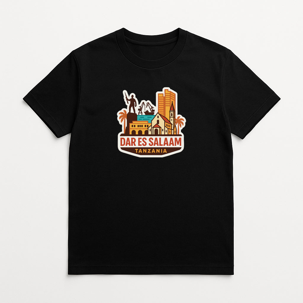 A black t-shirt with a graphic design depicting landmarks and buildings in Tanzania, along with the text "DAR ES SALAAM TANZANIA".