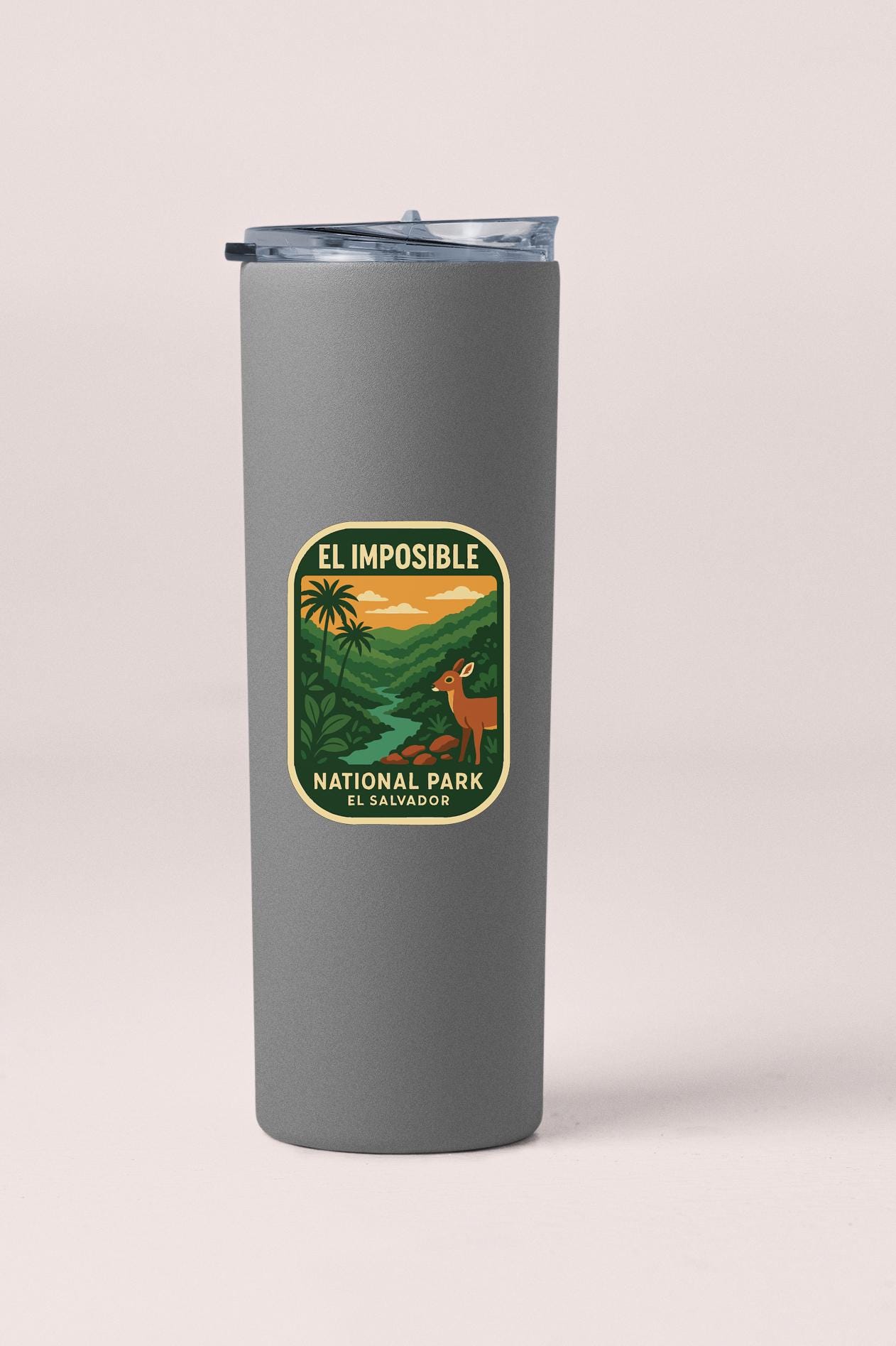 A gray insulated tumbler with a label that says "ELIMPOSIBLE NATIONAL PARK EL SALVADOR".