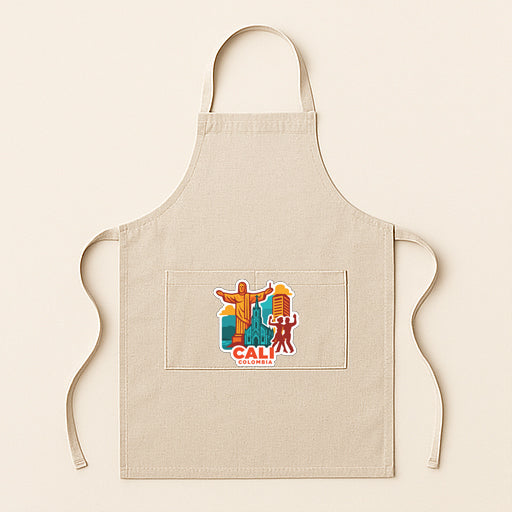 A beige apricot with a colorful graphic of a city skyline and two figures, representing the city of Cali, Colombia.