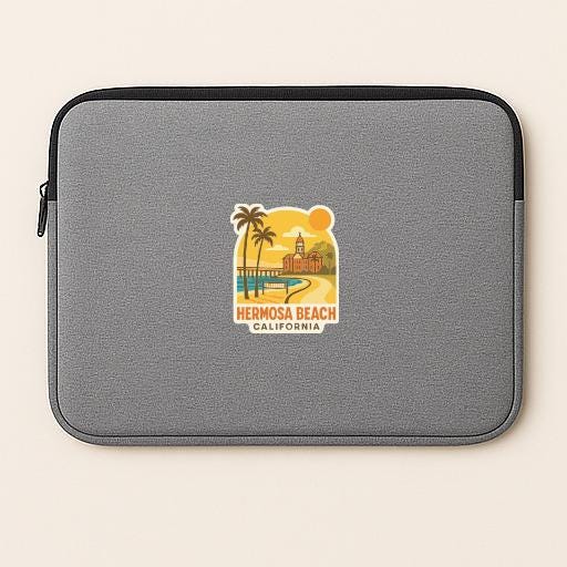 A gray laptop sleeve with a sticker depicting a beach scene and the text "HERMOSA BEACH, CALIFORNIA".