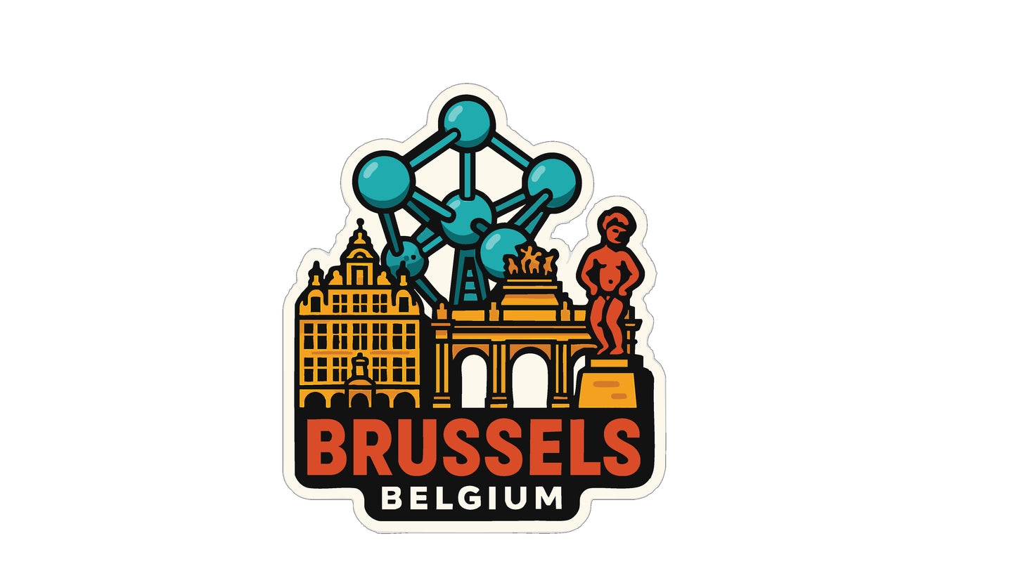 A sticker depicting the city of Brussels, Belgium, with various landmarks and symbols, including the famous Atomium and the Brussels Cathedral.