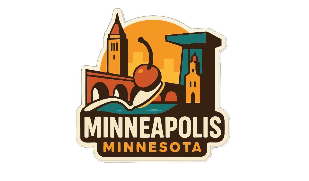 The image is a sticker or logo featuring a stylized depiction of Minneapolis, Minnesota.