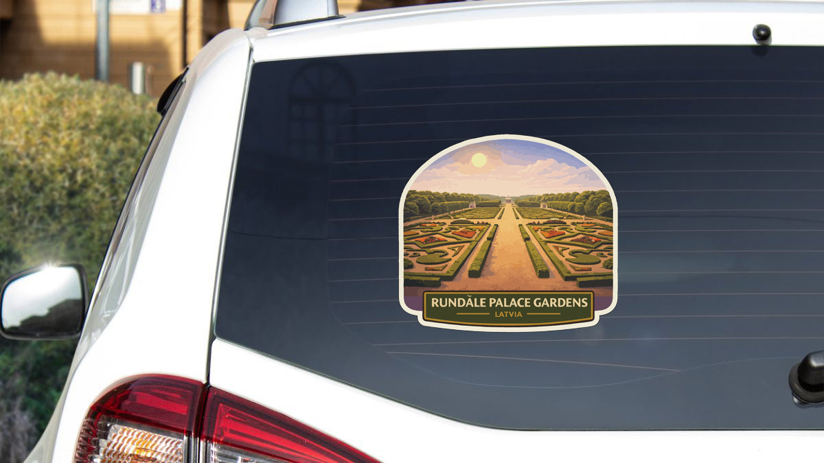 a sticker on the rear window of a car, depicting the Rundale Palace Gardens in Latvia.
