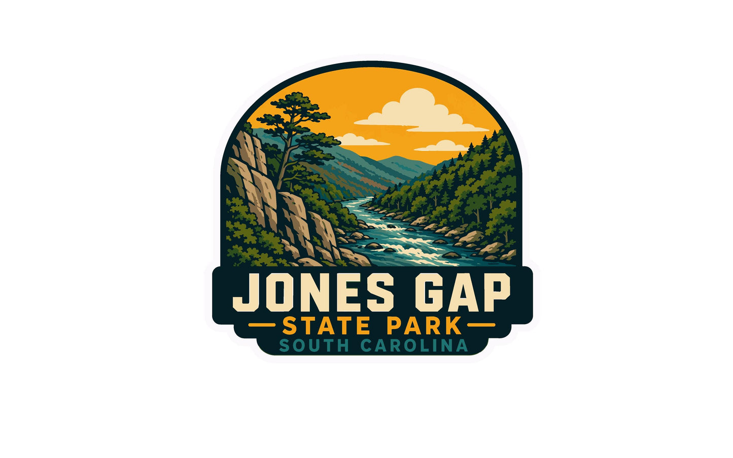 A logo for Jones Gap State Park in South Carolina, featuring a scenic landscape with a river, mountains, and a pine tree.