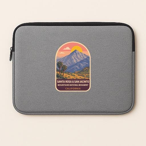 A gray laptop sleeve with a graphic design depicting a mountain landscape with a sunset.