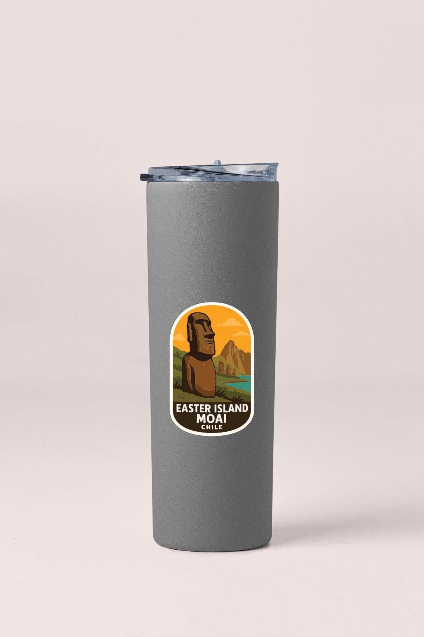 A gray insulated tumbler with a label that features an illustration of Easter Island and the text "EASTER ISLAND MOAIA CHILE".
