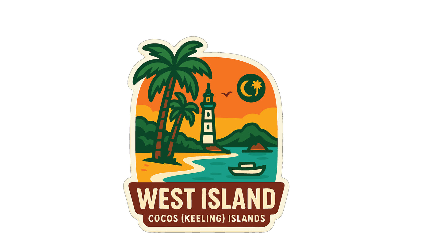 A sticker depicting a tropical island scene with palm trees, a lighthouse, and a boat on the water.