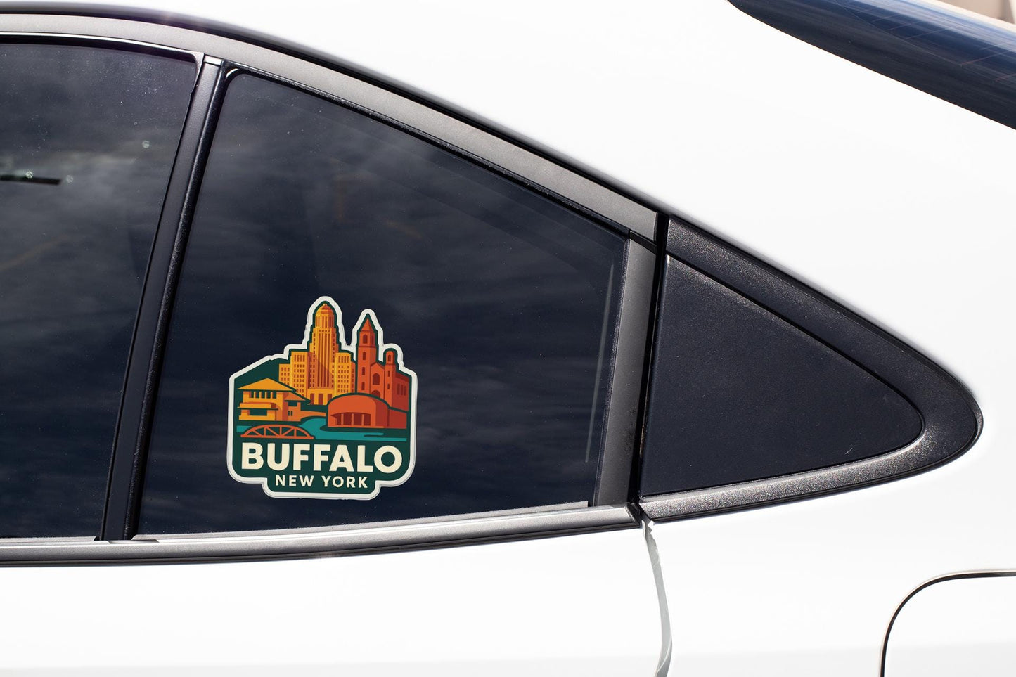 A sticker on the side of a car window, featuring an illustration of a city skyline and the text "BUFFALO NEW YORK".