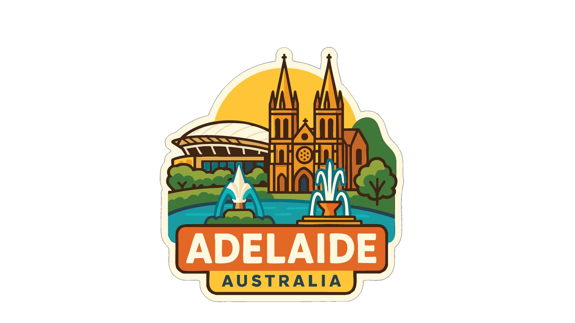 a stylized illustration of the city of Adelaide, Australia, with various landmarks and elements that represent the city's unique character.
