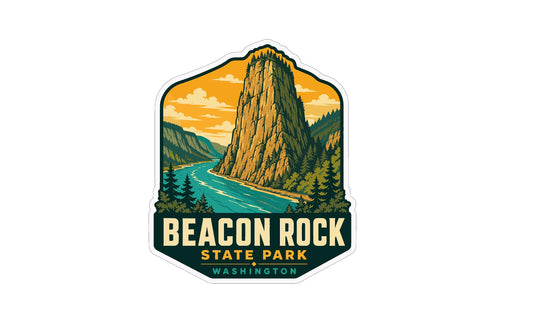 A sticker or emblem featuring a mountain landscape with a river, surrounded by trees and mountains, with the text "BEACON ROCK STATE PARK WASHINGTON" prominently displayed.