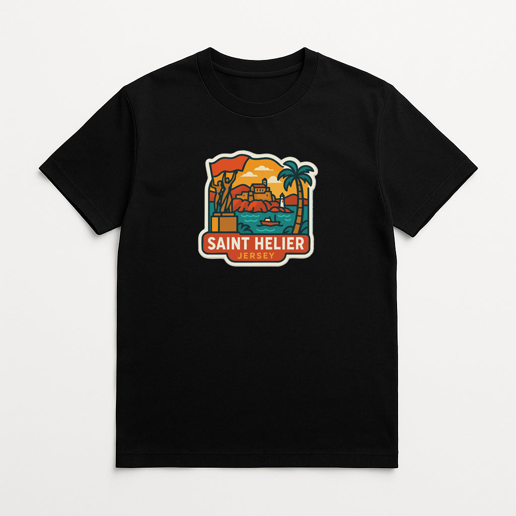 A black t-shirt with a colorful graphic design depicting a tropical beach scene, including palm trees, a sunset, and a castle.