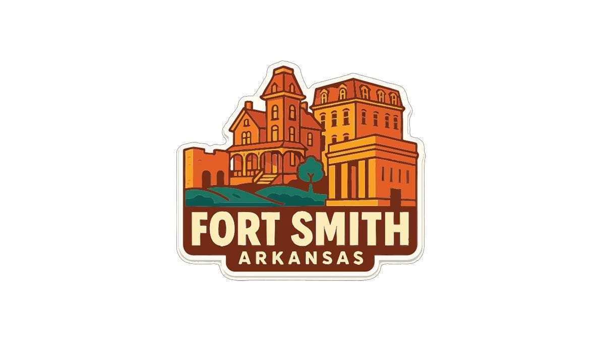 A sticker or emblem featuring a stylized illustration of a historic building in Fort Smith, Arkansas.